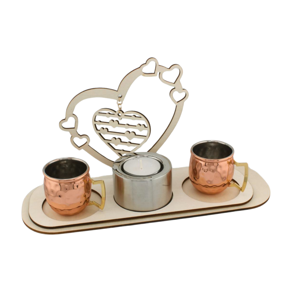 Enchanting Heart Candle Holder with Miniature Copper Mugs Set