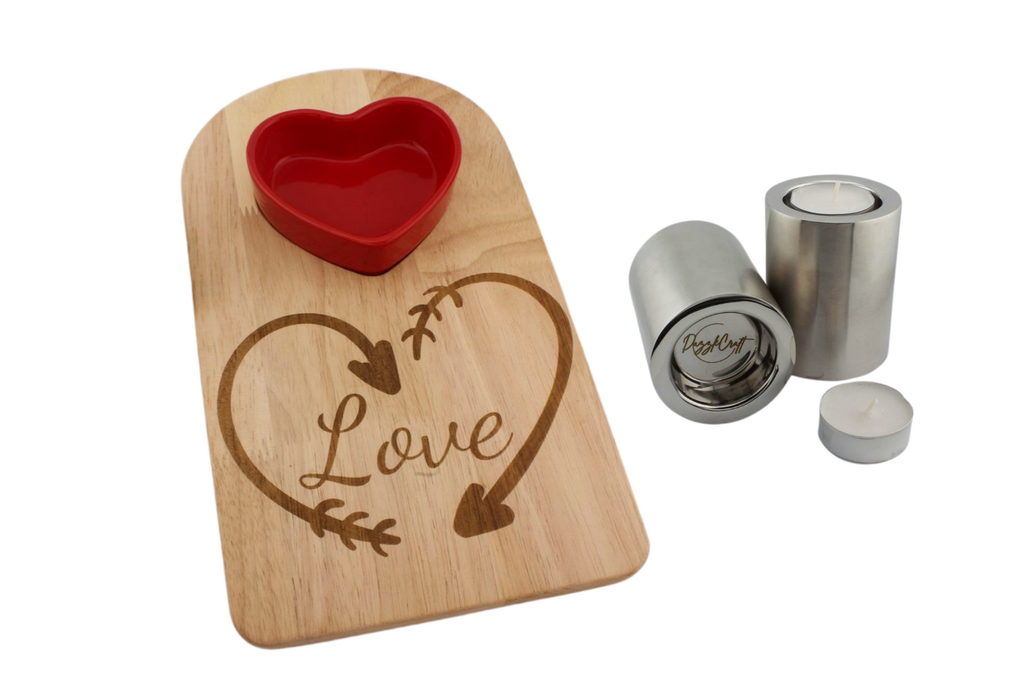 Wood Charcuterie Board with Heart engraving, Heart Dish, and T-light Holders Set of Two